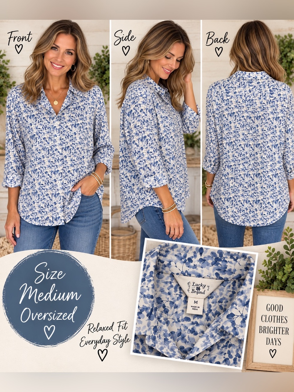 NWT Lucky Brand Blue Floral Oversized Button Down Blouse Top Medium